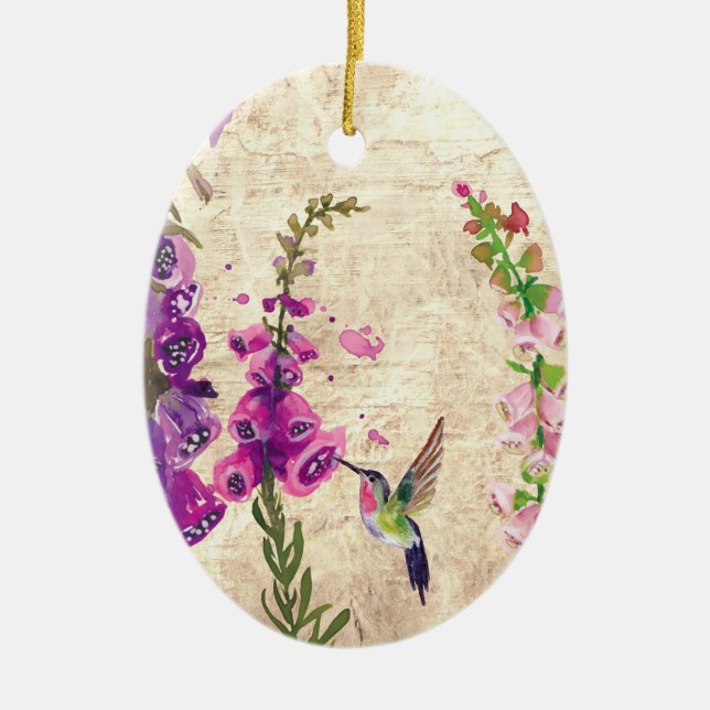 Personalised Hummingbird and Flowers Christmas Ceramic Ornament (Front)
