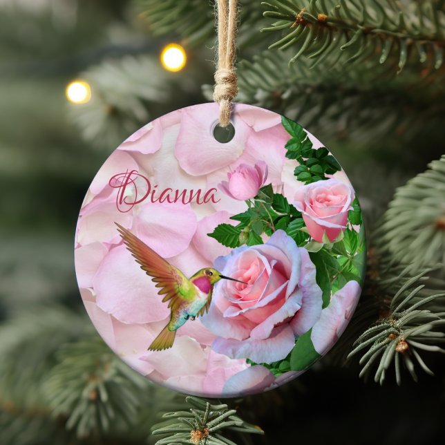 Personalised Hummingbird Pink Roses and Petals Ceramic Ornament (Personalized Hummingbird Pink Roses and Petals Ceramic Ornament)