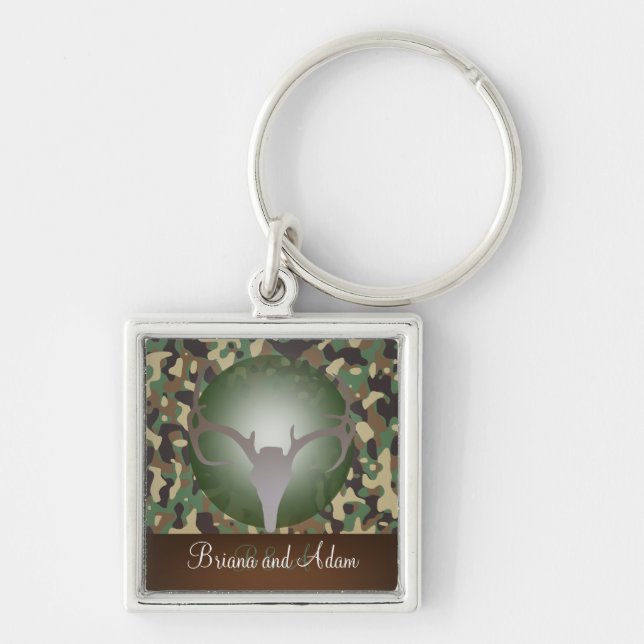 Personalised Hunting Theme Deer Antlers Camo Key Ring (Front)