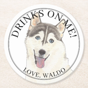 Personalised Husky Dog Wedding Round Paper Coaster
