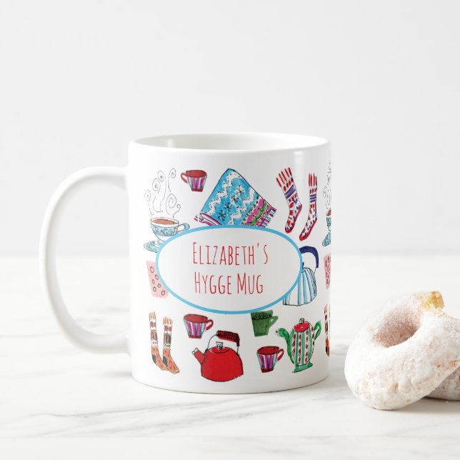 Personalised Hygge Hand Drawn Retro Cosy Winter Coffee Mug (With Donut)