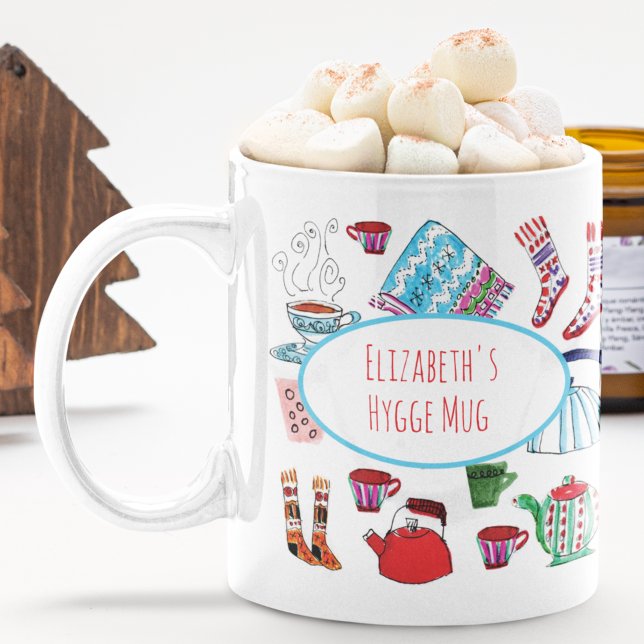 Personalised Hygge Hand Drawn Retro Winter Coffee  Mug (This retro cozy Christmas mug features my own hand-drawn colorful hygge ski lodge images.)