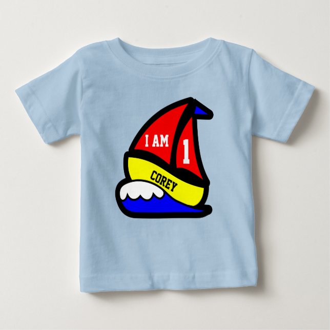 Personalised "I am 1" with Red Sailed Boat Baby T-Shirt (Front)