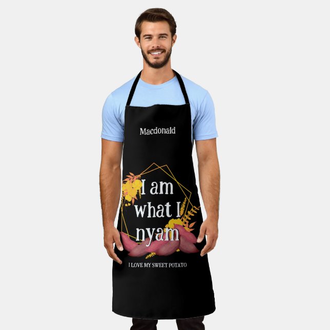 Personalised I AM WHAT I NYAM Love Sweet Potato Apron (Worn)