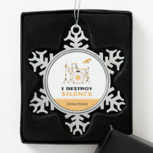 Personalised I Destroy Silence Funny Drummer Snowflake Pewter Christmas Ornament