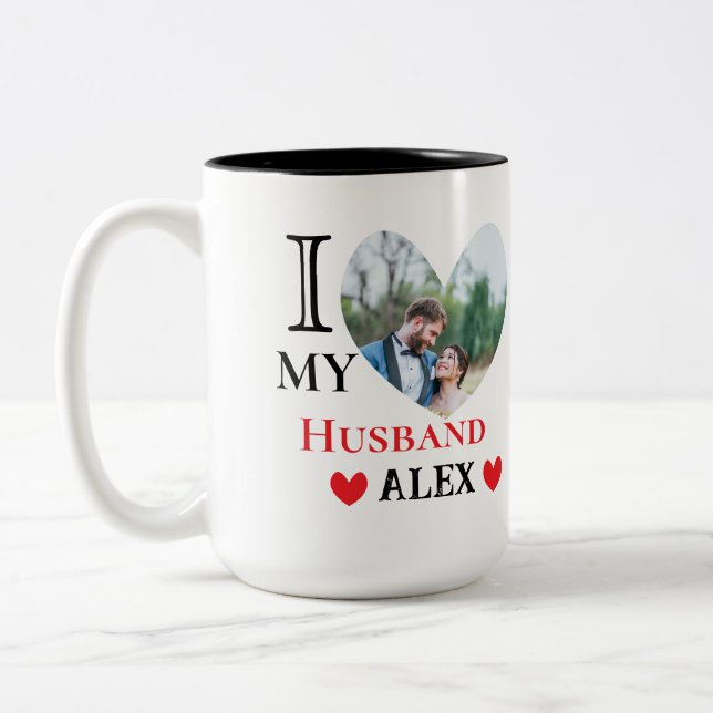 Personalised I Love My Husband Heart Photo Two-Tone Coffee Mug (Left)