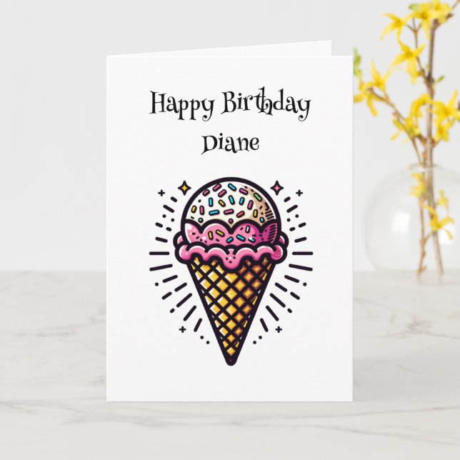 Personalised Ice Cream Cone Birthday for Her Card (Yellow Flower)