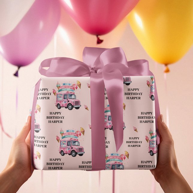 Personalised Ice Cream Truck Pink Birthday Wrapping Paper (Creator Uploaded)