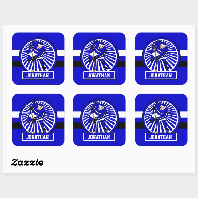 Personalised Ice Hockey Player Blue Square Sticker (Sheet)
