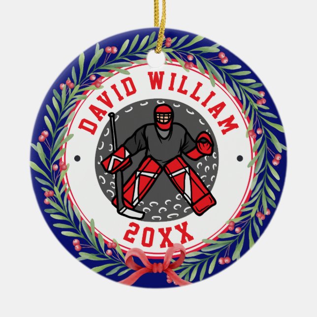 Personalised Ice Hockey Player Name Christmas Gift Ceramic Ornament (Front)