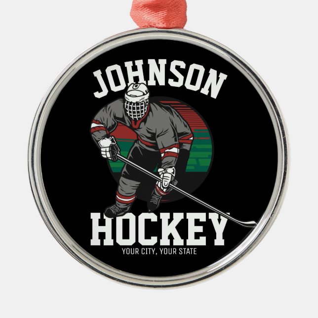 Personalised Ice Hockey Player Team Athlete Name Metal Ornament (Front)