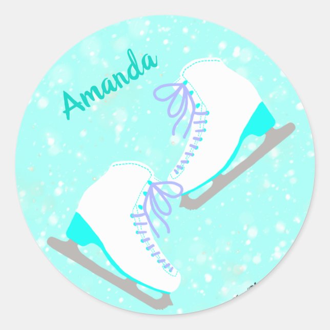 Personalised Ice Skating Blue Kawaii Figure Skater Classic Round Sticker (Front)