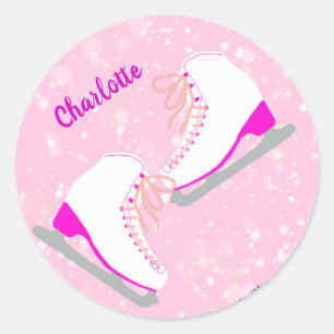 Personalised Ice Skating Pink Kawaii Figure Skates Classic Round Sticker