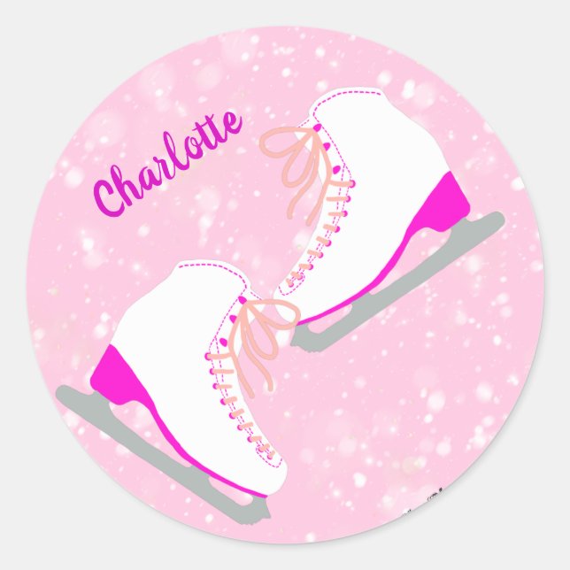 Personalised Ice Skating Pink Kawaii Figure Skates Classic Round Sticker (Front)