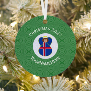 Personalised Icelandic Angel Christmas Flag Metal Tree Decoration
