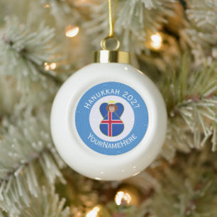 Personalised Icelandic Angel Hanukkah Flag Ceramic Ball Christmas Ornament