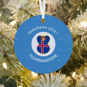 Personalised Icelandic Angel Hanukkah Flag Metal Tree Decoration