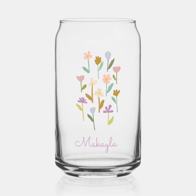 Personalised Illustrated Floral Bridesmaid Name Can Glass (Front)