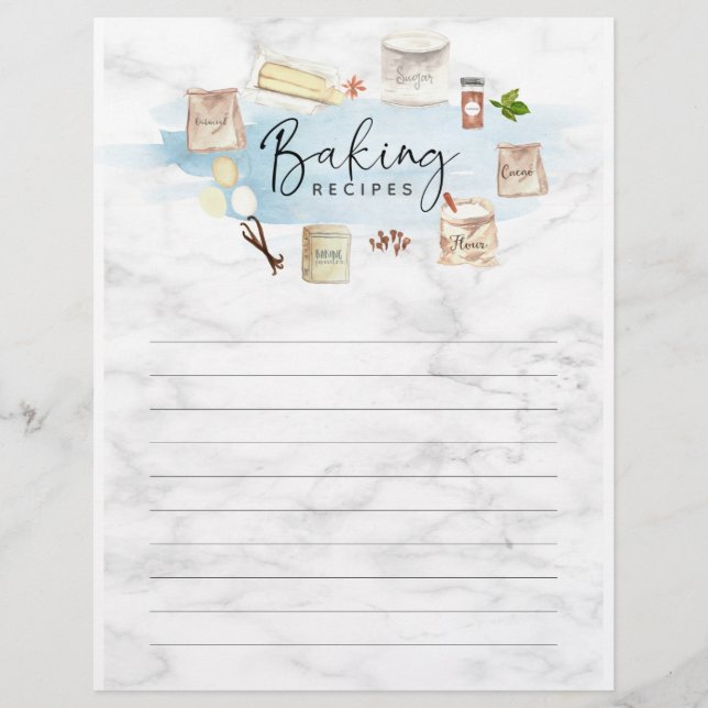 Personalised Illustrated Watercolor Baking Recipes Custom Letterhead (Front)