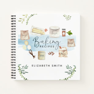 Personalised Illustrated Watercolor Baking Recipes Notebook