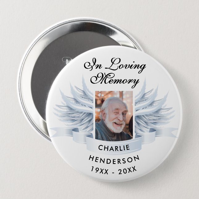 Personalised In Loving Memory Angel Wings Memorial 10 Cm Round Badge (Front & Back)