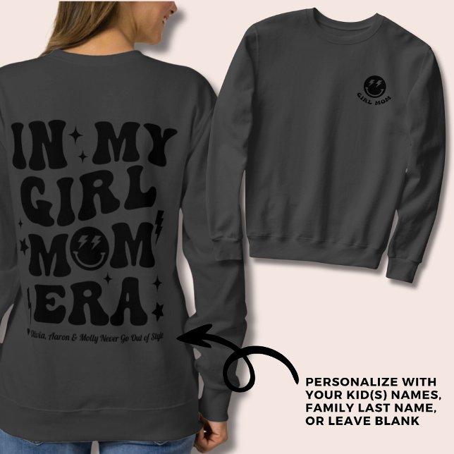 Personalised In My Girl Mum Era Sweatshirt Black (In my girl mom ear sweatshirt in black on dark grey)