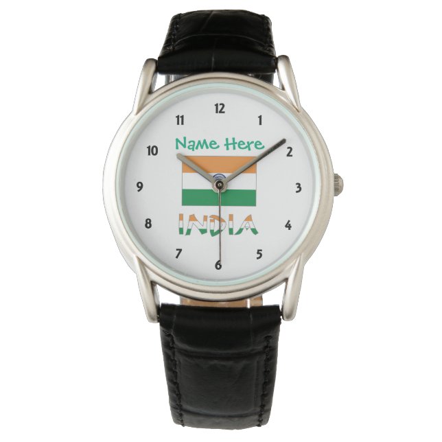 Personalised India Flag Black Leather Gift Watch (Front)