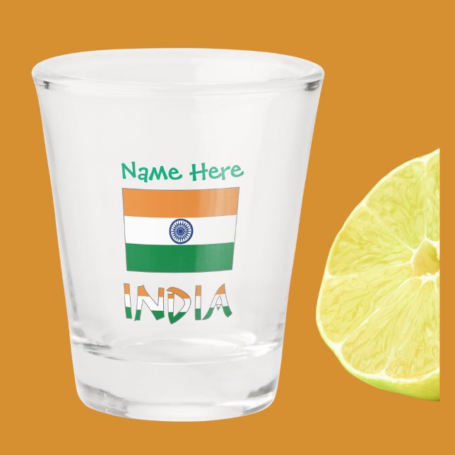 Personalised India Flag Gift Shot Glass (Indian Flag on shot glass has the word INDIA below in flag colors. Add name in green text above.)