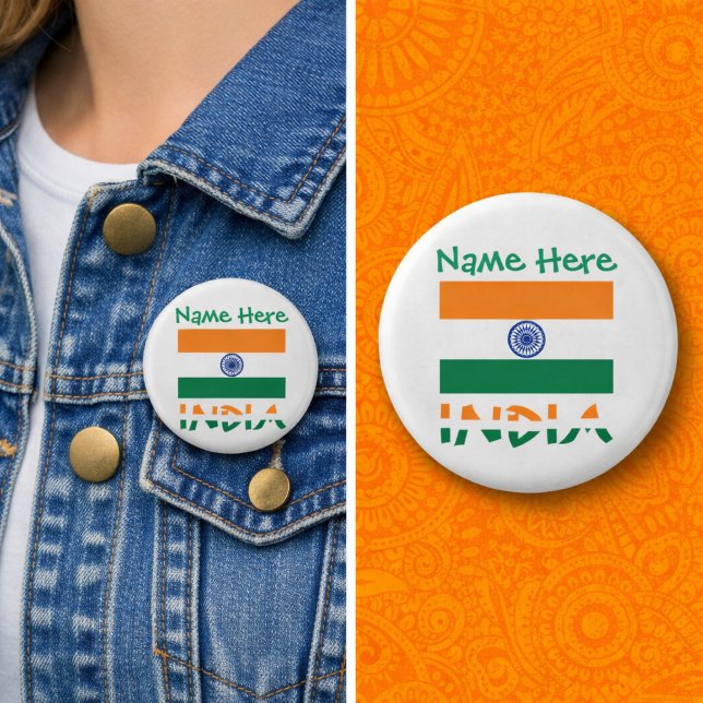Personalised India Flag Round 3 Cm Round Badge (Personalized button pin with Indian flag, INDIA in flag colors, and a place for a name above.)