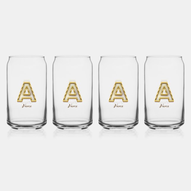 Personalised Initial A Monogram Gold Typography  Can Glass (Front)