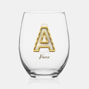 Personalised Initial A Monogram Gold Typography Stemless Wine Glass