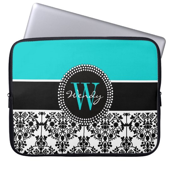 Personalised Initial Aqua Black Damask Laptop Sleeve