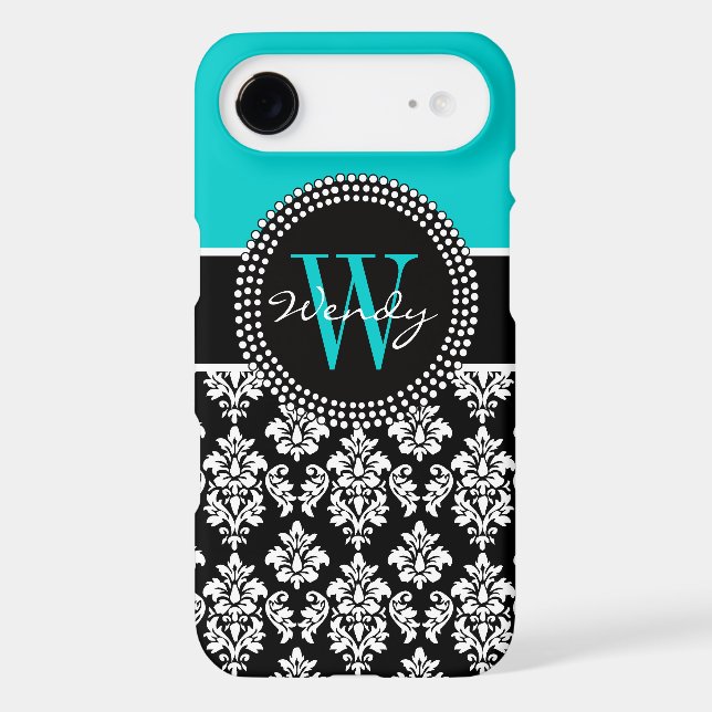 Personalised Initial Aqua Black Damask Pattern Case-Mate iPhone Case (Back)