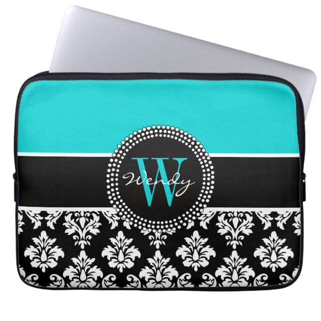 Personalised Initial Aqua Black Damask Pattern Laptop Sleeve (Front)