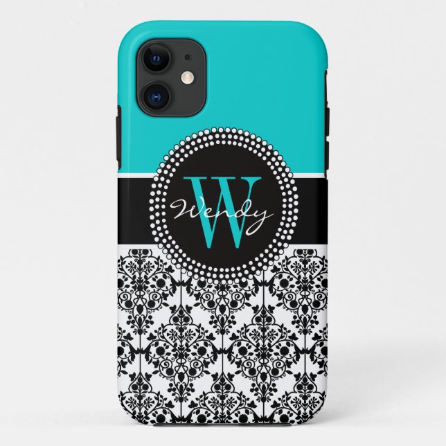 Personalised Initial Aqua Teal Black Damask Case-Mate iPhone Case (Back)