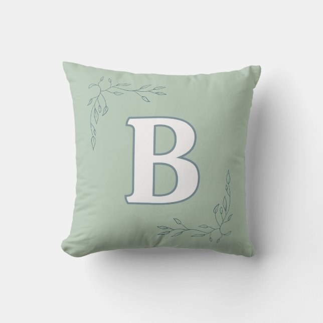 Personalised Initial B Sage & Leaves Cushion (Front)