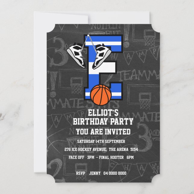 Personalised Initial Basketball Letter E Invitation (Back)