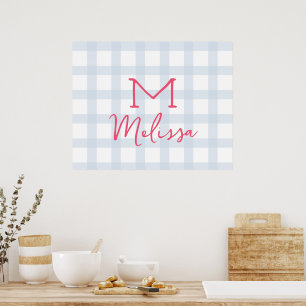 Personalised initial custom name baby blue tartan poster
