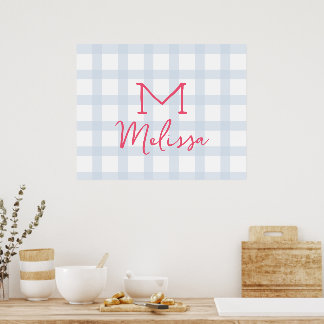 Personalised initial custom name baby blue tartan poster