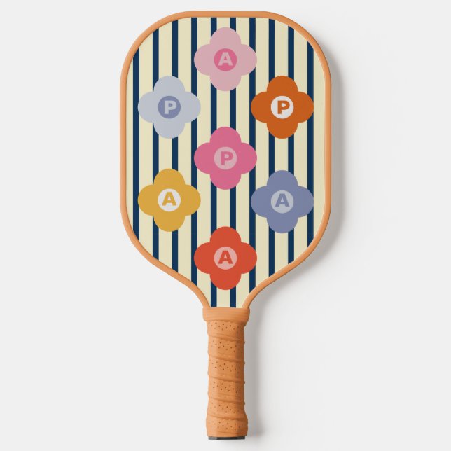 Personalised Initial Floral Stripes Multicolor Pickleball Paddle (Front)