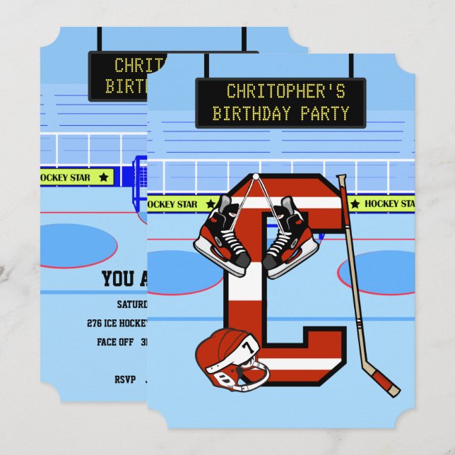 Personalised Initial letter C Ice Hockey Invitation (Front/Back)