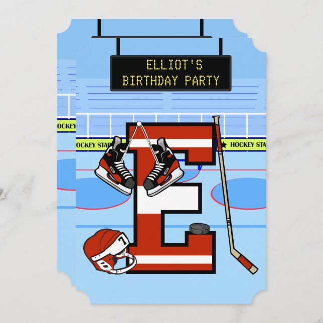 Personalised Initial letter E Ice Hockey Invitation (Front/Back)