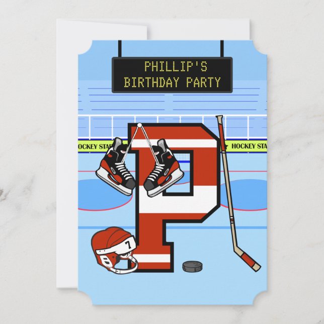 Personalised Initial letter P Ice Hockey Invitation (Front)