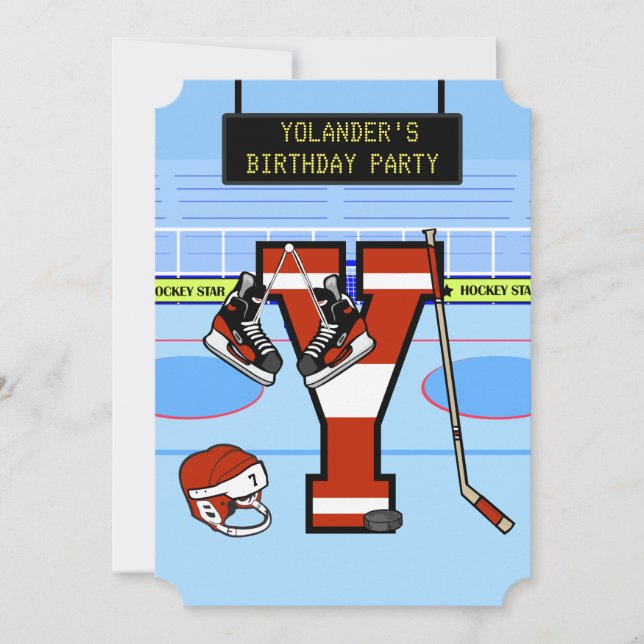 Personalised Initial letter Y Ice Hockey Invitation (Front)