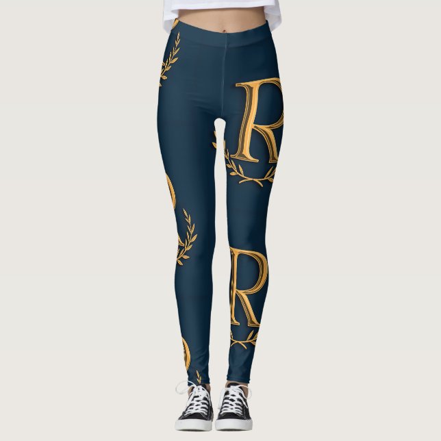 Personalised Initial Monogram in Gold on Navy Leggings (Front)
