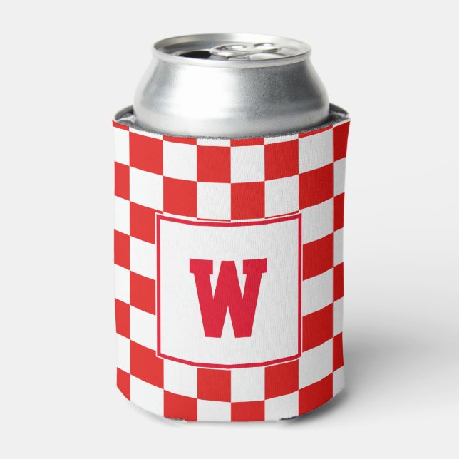 Personalised Initial Monogram Red Chequerboard Can Cooler (Can Front)
