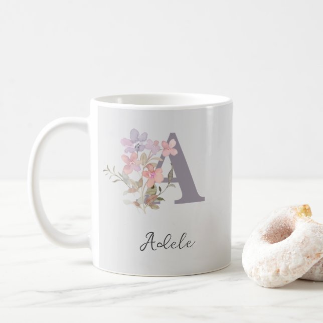 Personalised Initial Mug: Floral Letter Design Coffee Mug (With Donut)