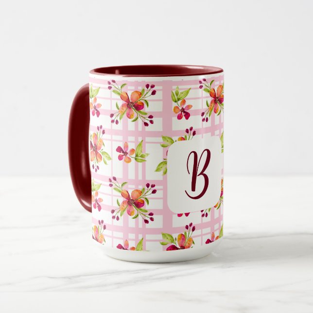 Personalised Initial on Red Berry Blooms Plaid Mug (Front Left)