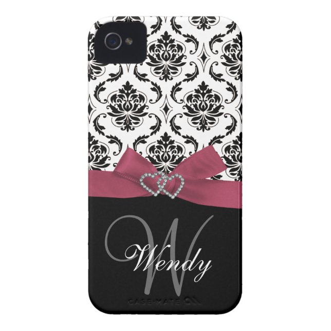 Personalised Initial, Pink, Black Damask Case (Back)