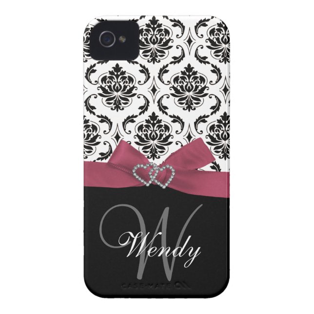 Personalised Initial, Pink, Black Damask Pattern Case-Mate iPhone Case (Back)